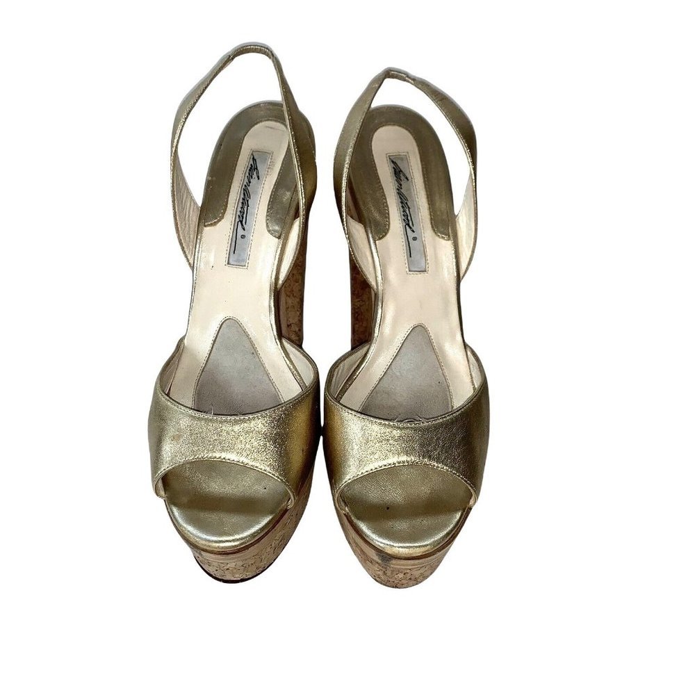 Brian Atwood Metallic Gold Leather Cork & Wood Platform  Slingback Sandal Size10